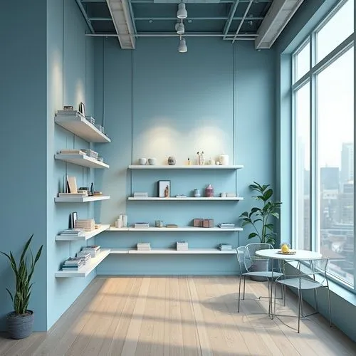 Modern retail store interior, impact of sky blue color, calm atmosphere, soothing ambiance, bright lighting, wall shelves, wooden floor, glass tables, metal chairs, minimal decor, abstract art pieces,