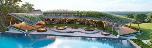 earthship,3d rendering,pool house,futuristic architecture,ecovillages,holiday villa,grass roof,luxury property,roof landscape,render,cubic house,cube stilt houses,dreamhouse,3d rendered,amazonica,therme,roof domes,futuristic landscape,sketchup,summer house,Photography,General,Natural