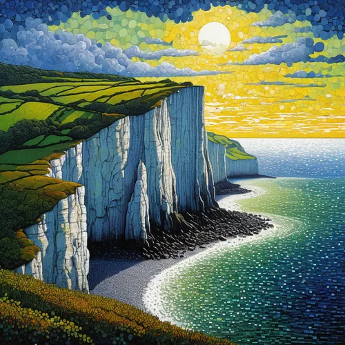 STORMY The White Cliffs of Dover, deciduous, pointillism, impressionism, mosaic, STAINED GLASS Roger Dean, TIM HOLTZ,chalk cliff,white cliffs,limestone cliff,pancake rocks,the cliffs,cliffs ocean,clif