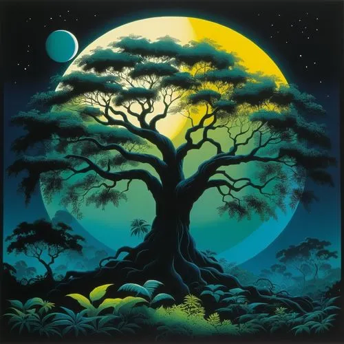 a painting of a tree in a forest with the moon,baobab,baobabs,blue moon,tree of life,hanging moon,moonstruck,Illustration,Vector,Vector 09