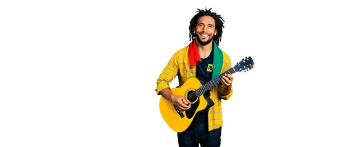 Reggae legend Bob Marley, iconic hairstyle, dreadlocks, facial hair, Rastafarian attire, colorful shirt, black pants, guitar in hand, smiling, serious, soulful eyes, Jamaican flag, African patterned s