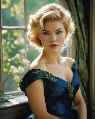 The captivating image showcases a young European woman portrayed in an antique, romantic style. Her face resemble to actress Elisha Cuthbert, but in her mid-20s. Her hair color is light blonde. Her ha