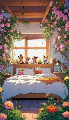 japanese-style room,cartoon video game background,sleeping room,children's bedroom,flower wall en,flower blanket,Illustration,Children,Children 02