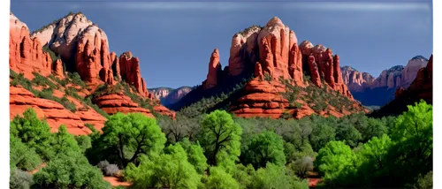 Sedona Arizona landscape, vibrant red rock formations, majestic Cathedral Rock, scenic Oak Creek Canyon, green cypress trees, blue sky with few white clouds, warm sunlight, soft shadows, panoramic vie