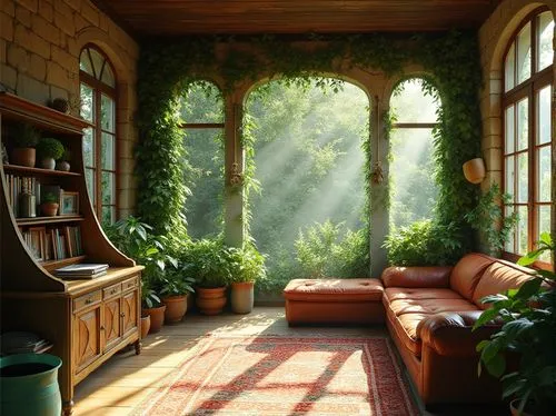 sunroom,indoor,conservatory,sitting room,living room,livingroom,dandelion hall,porch,nook,beautiful home,home landscape,green living,morning light,houseplants,alcove,herbology,front porch,indoors,great room,solarium,Photography,General,Realistic