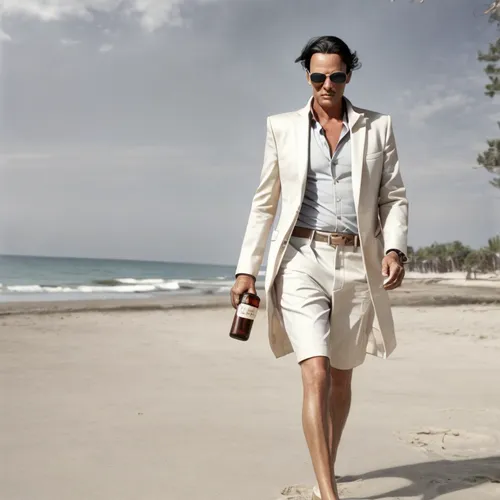 멋진 선글란스를 쓰고 맥주를 마시면 해변을 걷는 중년의 남성,walk on the beach,white-collar worker,man's fashion,panama hat,man at the sea,male model,men's wear,white clothing,white coat,men's suit,men clothes,chivas regal,adve