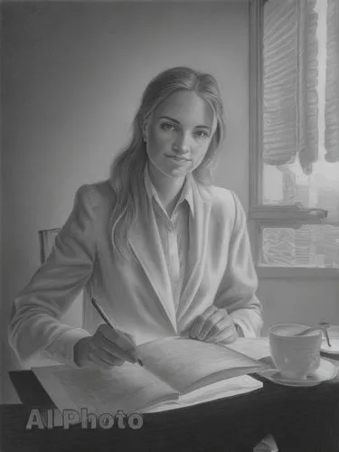 blonde woman reading a newspaper,pencil drawing,charcoal drawing,pencil art,girl studying,photo painting,charcoal pencil,pencil drawings,girl drawing,artist portrait,graphite,blonde sits and reads the