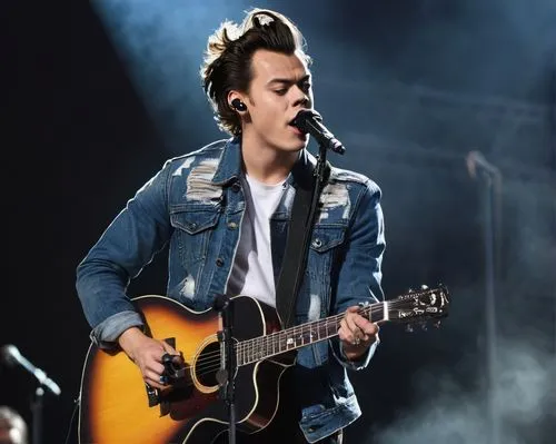 harry styles,harry,styles,the guitar,harold,denim jacket,playback,quiff,blue jeans,edit icon,rockstar,playing the guitar,heart pain,rocker,concert guitar,earpieces,bluejeans,guitarist,jean jacket,acoustics,Conceptual Art,Sci-Fi,Sci-Fi 25