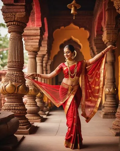 Bharatanatyam dance, Indian classical dancer, intricate hand gestures, elaborate ankle bells, traditional saree, gold jewelry, bright red bindi, dark hair adorned with jasmine flowers, delicate facial