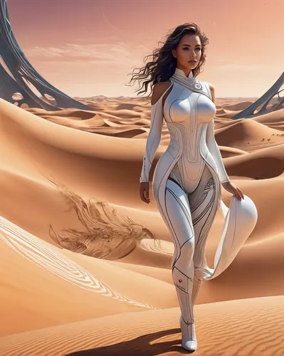 Pretty Girl, Desert Planet,sci fiction illustration,dune,dune 45,cg artwork,girl on the dune,desert rose,silver surfer,admer dune,fantasy woman,viewing dune,sci fi,sand seamless,desert background,shif