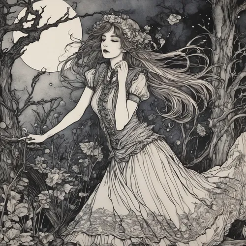 dryad,rusalka,fae,girl with tree,faerie,ballerina in the woods,faery,girl in the garden,the enchantress,acerola,fairy queen,tilia,jessamine,forest of dreams,sleepwalker,garden fairy,secret garden of venus,rosa 'the fairy,hand-drawn illustration,fairy forest,Illustration,Retro,Retro 25