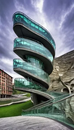 Bilbao, Spain, Guggenheim Museum, modern architecture, flowing curves, glass and limestone exterior, grand atrium, spiral staircase, abstract sculptures, natural light pouring in, urban cityscape, Bas