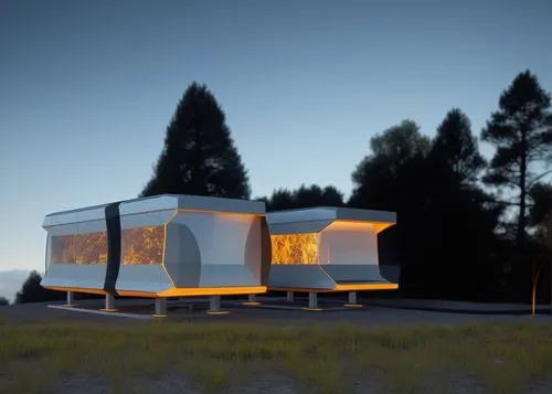 futuristic home in nature ambient,more light daylight,a very futuristic home in the middle of a field,cubic house,electrohome,cube stilt houses,mobile home,house trailer,cube house,Photography,General