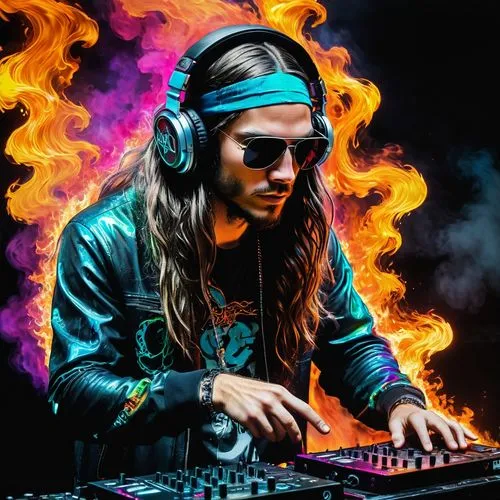 A DJ  with long hair taged in back of head playing music from digital ashes in a blaze of holographic flames,mihali,dj,guetta,bassnectar,skrillex,djn,alesso,djelic,vector art,djing,kempainen,vector il