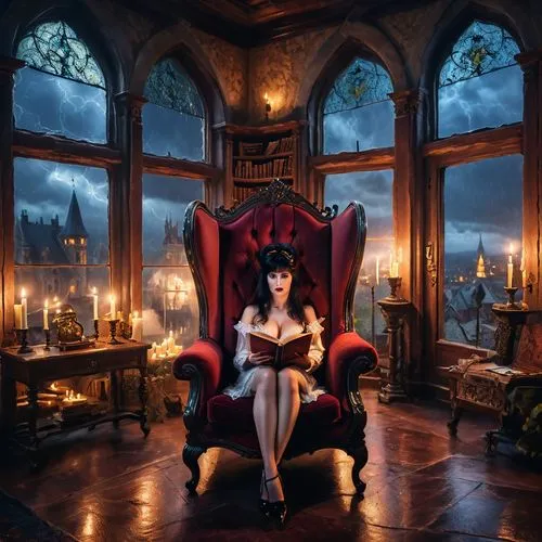 fantasy picture,vampirella,elvira,gothic portrait,fantasy art,throne,Photography,General,Commercial