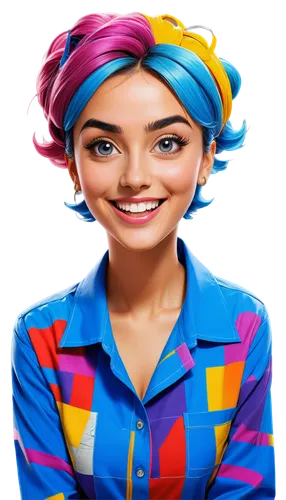 Exaggerated facial features, colorful clothing, comical hairstyle, bold eyebrows, large eyes, bright smile, dynamic pose, vibrant background, cartoonish style, high contrast, saturated colors, 3/4 com