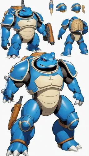 
Blastoise Cannon: Massive blue and tan powered armor suit. Two enormous blasters mounted on back, fed by an internal water reservoir. Reinforced shell-like chest plate. Helmet features jaw-like visor