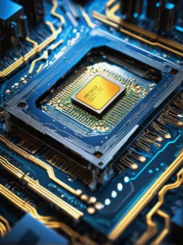 Intel CPU architecture, futuristic laboratory, motherboard, microprocessor, gold wires, silver circuits, CPU die, transistors, nanoscale, 3D stacked design, metallic reflectance, LED indicators, compu