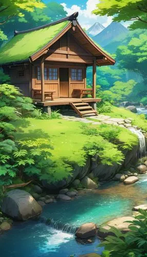 landscape background,onsen,ryokan,teahouse,summer cottage,japanese shrine,nature background,japanese background,japan landscape,idyllic,background with stones,small cabin,home landscape,forest background,cartoon video game background,house with lake,ryokans,seclude,house in the forest,background design,Illustration,Japanese style,Japanese Style 03