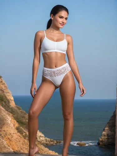 A standing model is being prepared for her next shoot.,a beautiful woman in white underwear standing next to the ocean,aliyeva,isinbaeva,talita,dragana,social,vittaya,Photography,Documentary Photograp