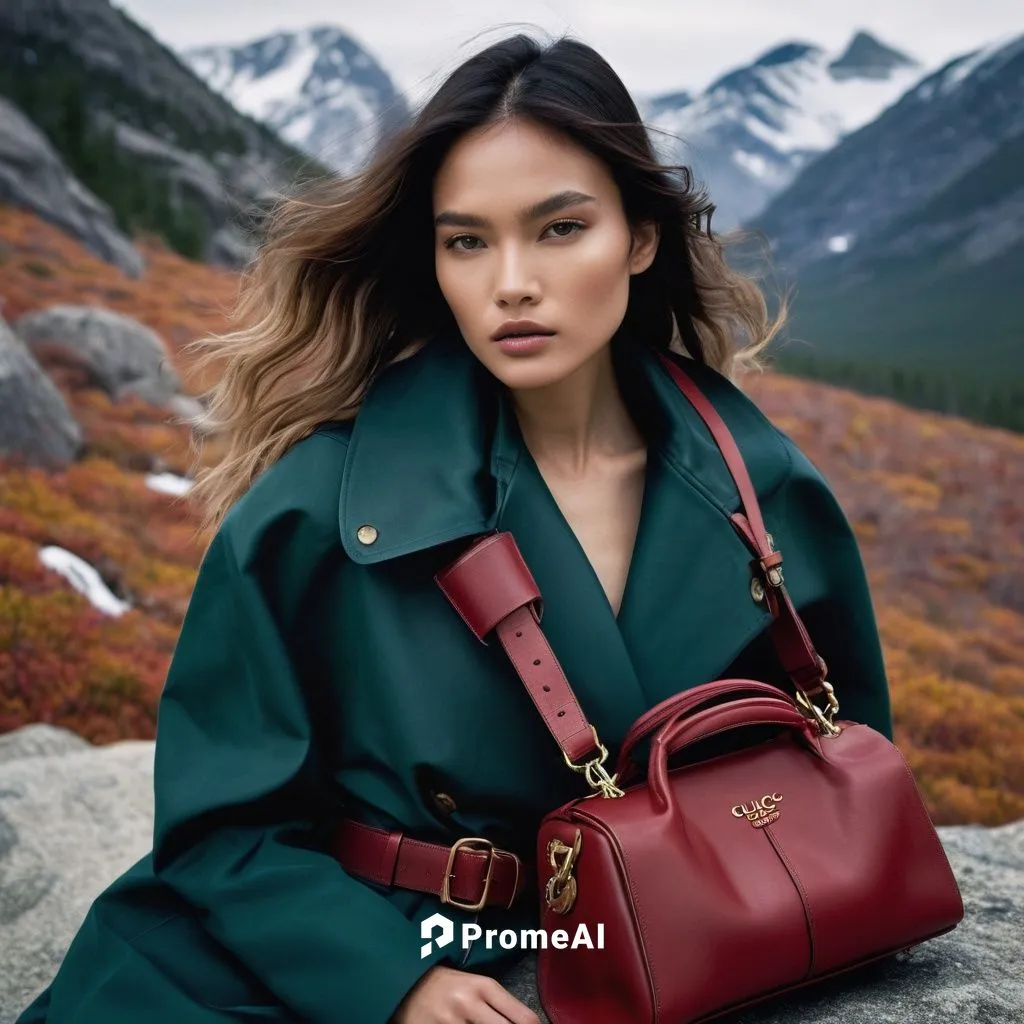 in the style of a gucci x north face outdoor high fashion campaign, ralph lauren campaign, American high fashion, black handbag, black prada nylon handbag, leather strap, various angles, two models in