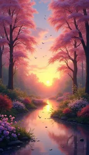 fantasy landscape,purple landscape,landscape background,pink dawn,nature background,japanese sakura background,Photography,General,Realistic