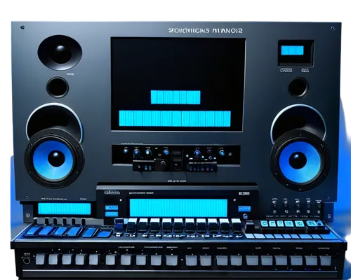 Audio waveform, open source, creative commons, digital audio workstation, studio monitor speakers, sound editing software, mixing console, knobs and sliders, blue glow lights, futuristic design, metal