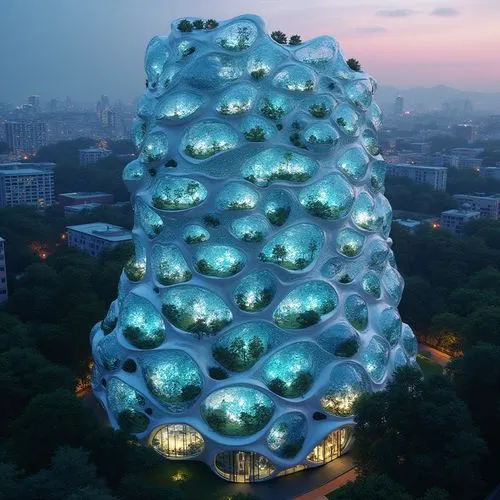 Bioluminescent metabolism-inspired facade, iridescent colors, organic shapes, parametric design, futuristic materials, responsive systems, adaptive shading devices, green walls, living roofs, breathin