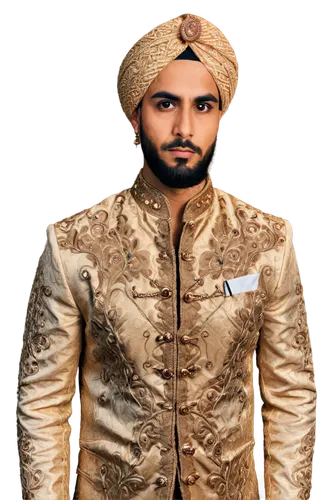 Karan, Indian prince, elegant posture, adorned turban, piercing brown eyes, thick eyebrows, sharp jawline, trimmed beard, golden earrings, ornate sherwani, intricate embroidery, luxurious velvet fabri