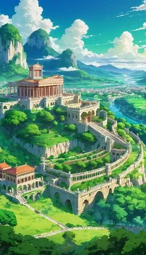 ancient city,kanto,meteora,artemis temple,italy colosseum,teutoburg,Illustration,Japanese style,Japanese Style 03