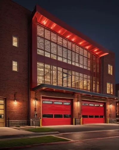 Modern fire station, industrial architecture, bold red brick exterior, large glass windows, metallic roof, intricate stonework, grand entrance with double doors, emergency response vehicles parked out