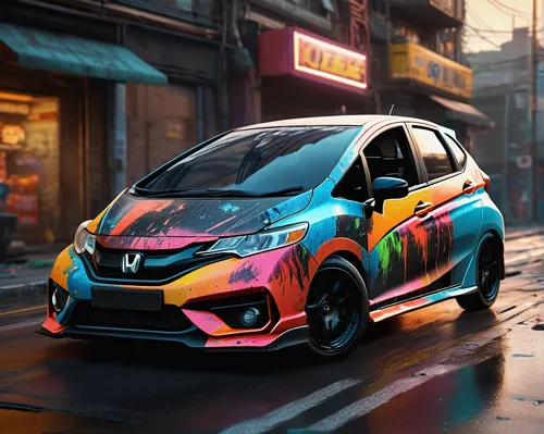 Drifting vivid colir honda jazz car tearing through an urban street, tire marks etching the asphalt behind it, tendrils of smoke billowing from scorching tires, bathed in the glow of neon lights, abst