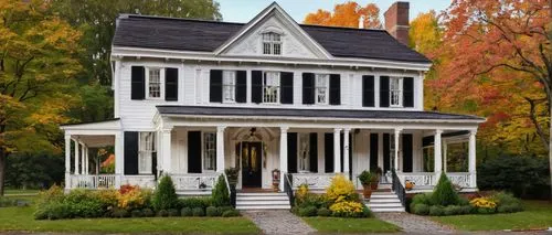 New England architecture style, colonial house, white wooden walls, black roof, triangular pediment, ornate door, brass doorknob, symmetrical facade, multi-paned windows, shutters, flower boxes, lush 