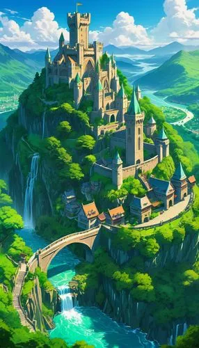 skylands,meteora,fantasy landscape,knight's castle,alfheim,beleriand,castel,nargothrond,medieval castle,fantasy city,castlelike,gondolin,principality,kingdoms,forteresse,fantasy world,castle ruins,ancient city,ruined castle,castle,Illustration,Japanese style,Japanese Style 03