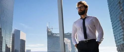 Designer, male, 30s, confident pose, glasses, messy hair, beard, white shirt, black tie, formal pants, standing, claiming ownership, hand on hip, pointing at blueprint, architectural model, cityscape 