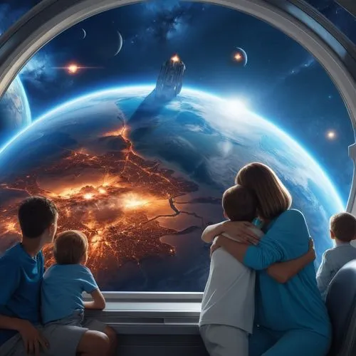 Sad people and mother hugging son, watching from inside a spaceship as planet Earth cracks and is about to explode.,Family witnessing the last moments of planet Earth suffering the wounds of Armageddo