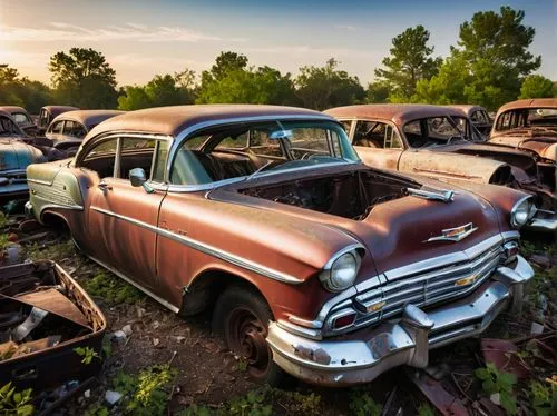 (High quality image), ((HD clarity)), (Sunlight) 1950 Chevrolet Impala Dead Car Graveyard,junk yard,car cemetery,salvage yard,junkyard,scrapyard,junkyards,scrap yard,scrap car,old cars,rusty cars,scra