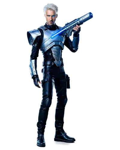 Esturion, futuristic cyborg, male, robotic limbs, glowing blue eyes, short silver hair, metallic chest plate, black leather pants, combat boots, holding a laser rifle, standing heroically, dynamic pos