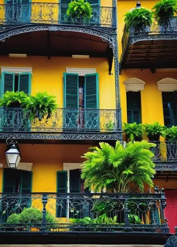 Historic New Orleans architecture, vibrant colorful buildings, ornate ironwork balconies, French Colonial style, wooden shutters, gas lamps, narrow cobblestone streets, St. Louis Cathedral, Jackson Sq