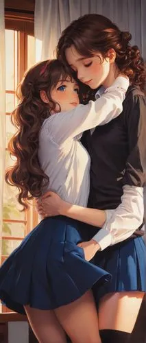 Hugging from behind, anime style, beautiful detailed eyes, blushing face, long curly brown hair, soft makeup, white shirt, blue skirt, knee-high socks, black Mary Jane shoes, gentle fingers, tender ar