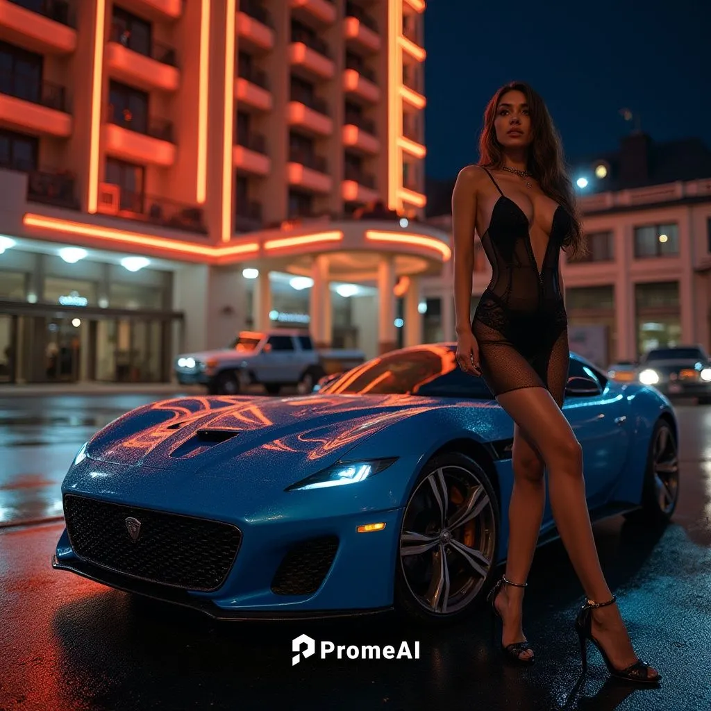 model girl in short sexy night dress standing next to bluejaguar XJ220, in front of luxury hotel, cleavage,a beautiful woman standing next to a blue sports car,maserati granturismo,maserati gran turis