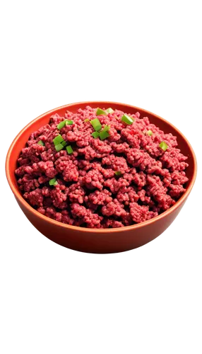 Raw ground beef, scattered on a white plate, juicy red texture, coarse grind, irregular shape, sprinkled with black pepper, few chopped green onions on top, warm lighting, shallow depth of field, 3/4 