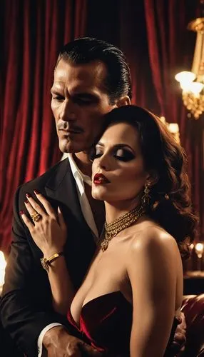 Mafia boss, seductive woman, embracing, passionate kiss, luxurious mansion, night scene, cityscape, dim lighting, velvet curtains, leather sofa, gold ornaments, cigar smoke, whiskey glasses, tattoos, 