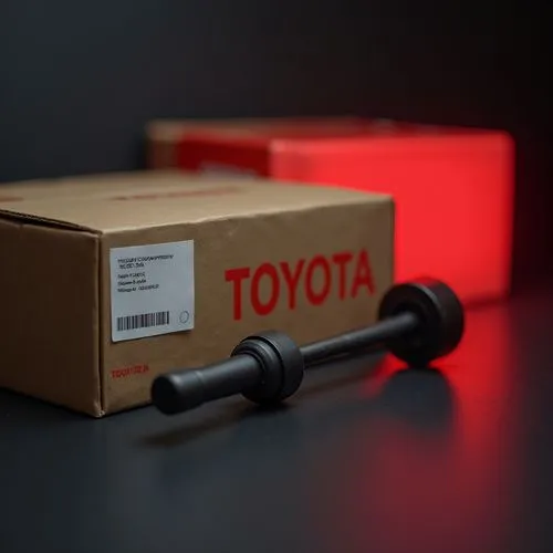 medium sized cardboard colord toyota box, which is on the bottom middle of the photo, and has the logo of toyota company on it, which is white bold word "TOYOTA" and on the left upper corner of the bo