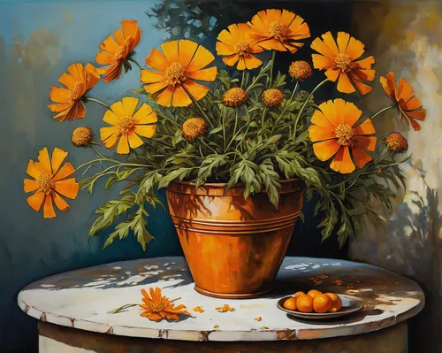 sunflowers in vase,marigolds,orange marigold,orange flowers,cloves schwindl inge,flower painting,the garden marigold,carol colman,calendula,tagetes,still life of spring,flower marigolds,pot marigold,marigold,oil painting,oil painting on canvas,marigold flower,calenduleae,garden marigold,carol m highsmith,Illustration,Realistic Fantasy,Realistic Fantasy 34