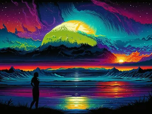 a woman standing on the shore watching the sunset,beautiful wallpaper,silhouette art,colorful background,space art,vast,art background,Illustration,Realistic Fantasy,Realistic Fantasy 25