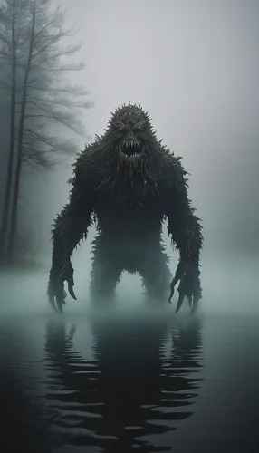 A monster emerging from the depths of a foggy lake.,supernatural creature,water creature,bayou,creature,swamp,king kong,phobia,monster,the fog,wolfman,the man in the water,forest animal,child monster,