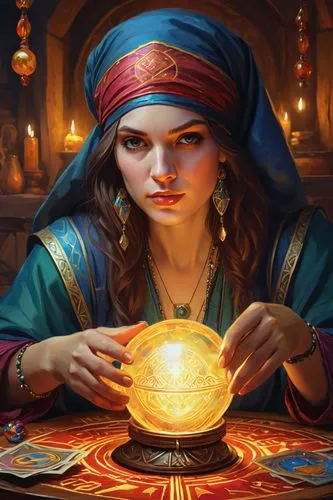 Fortune teller, realistic oil paint, 2d illustration style, sharp focus, bright color, digital paint character design, trending on artstation, high details, simple lines, art by da vinci,a painting of