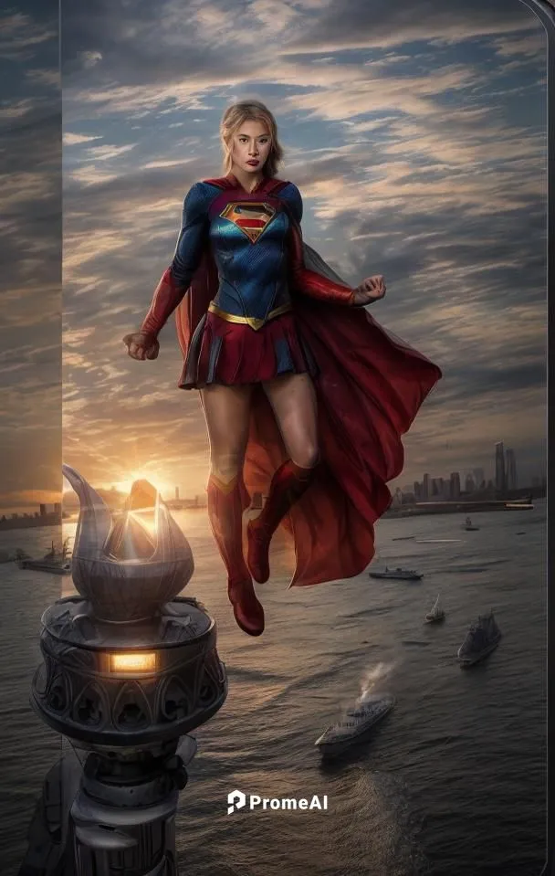 a beautiful young caucasian girl 23 years old black short hair blue eyes wearing a custom of supergirl of DC, flying  close to torch of stature of liberty whit ships in the Hudson river and New York a