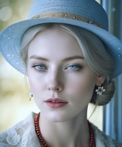 Close-up portrait of a young woman with striking features, displaying a thoughtful or introspective expression. Her face is highlighted by bright blue eyes, red lipstick, and delicate freckles dusting